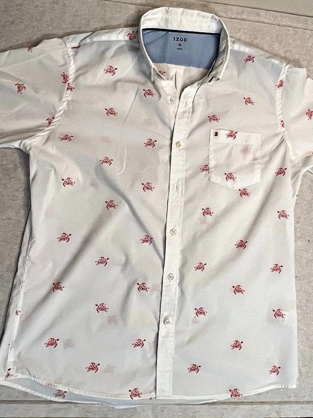 IZOD Men's XL White Red Sea Turtle Print Short Sleeve Button Down Honu Hawaiian
